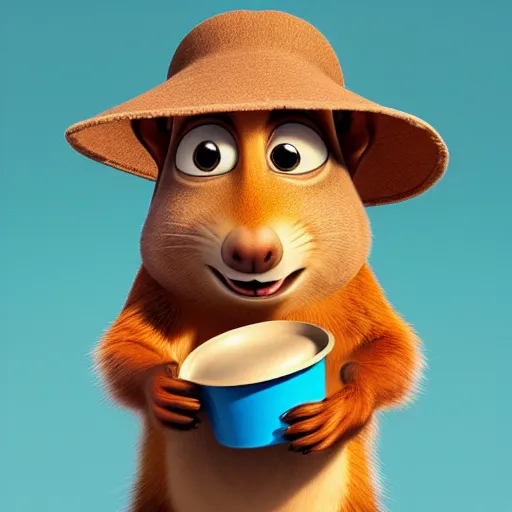 Image similar to a squirrel wearing a bucket hat. pixar.