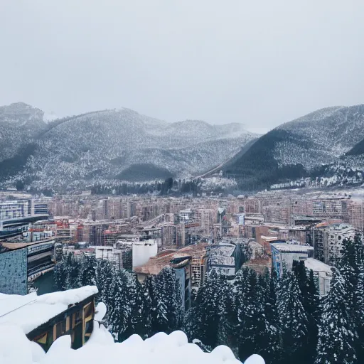 Prompt: a modern city on the top of a snow mountain