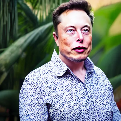 Prompt: A Photo Portrait of elon musk Wearing Indonesian Batik at a fancy Balinese restaurant, award winning photography, sigma 85mm Lens F/1.4, blurred background, perfect faces