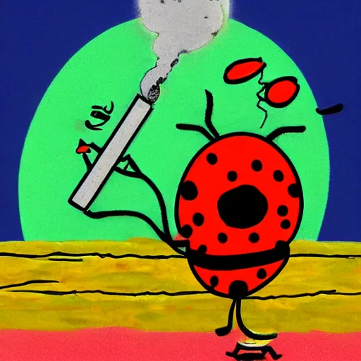 Prompt: an artwork depicting a cartoon ladybug smoking a joint, green background