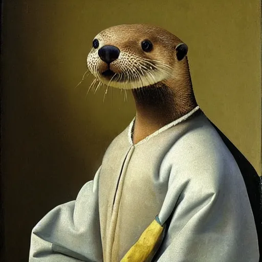 Image similar to oil painting of an anthropomorphic otter in military uniform, amazing detail, painted by johannes vermeer