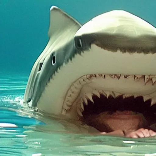 Image similar to mark wahlberg in a shark costume diving under water during shark week.