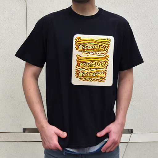 Prompt: a man wearing a funny tshirt with ramen noodles that says send noods