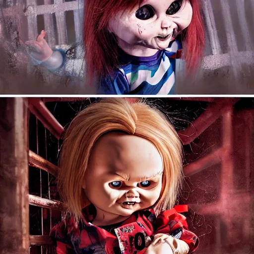 Image similar to the doll chucky in the middle of a cage fighting with doll annabelle, epic mma fight, dramatic poses, dolls are in motion, disneyland as backdrop, oil painting, by greg rutkowski