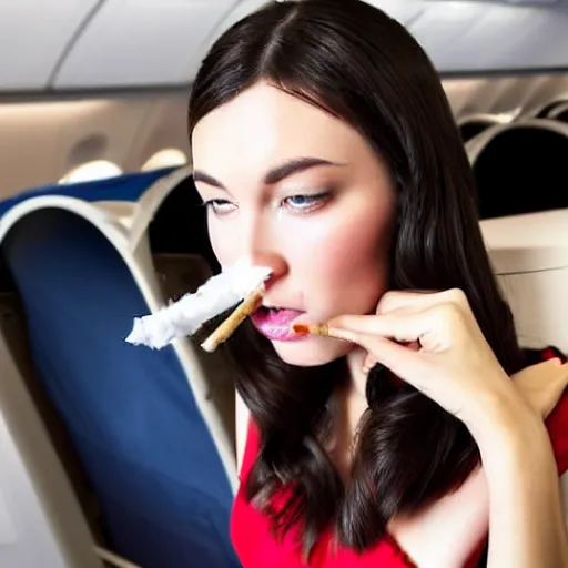 Prompt: a beautiful dark - haired girl causes chaos by smoking on the plane britishairways photo