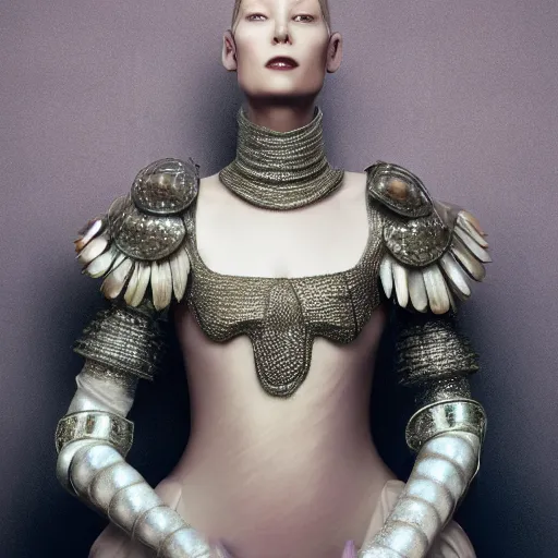 Image similar to medium shot of a woman wearing an armor made of shimmering mother of pearl shells. coherent face. soft. fragile. by ray caesar. by louise dahl - wolfe. by anna claren. surreal photography