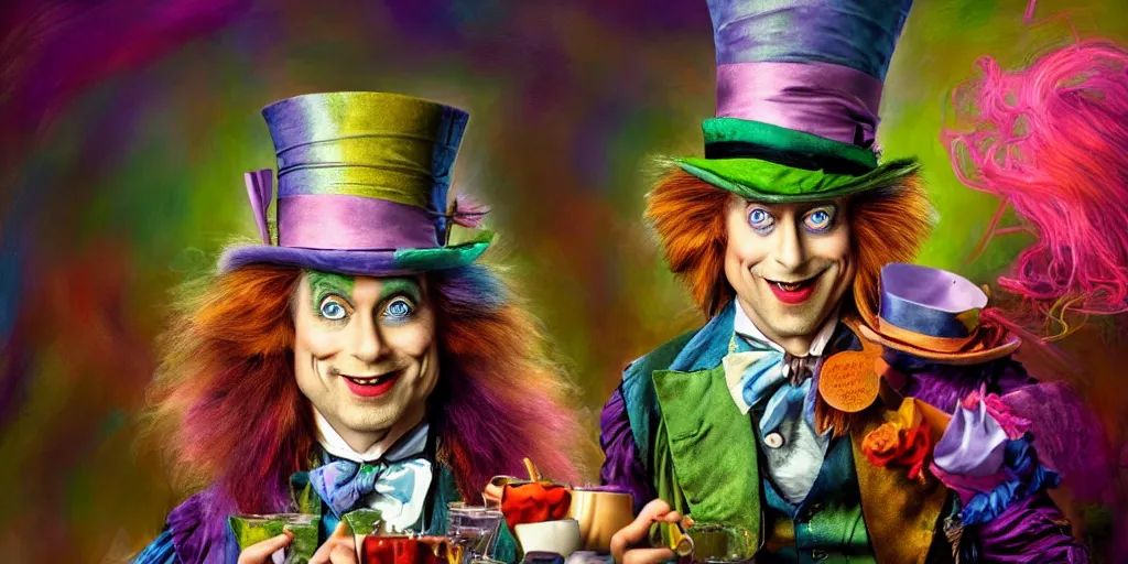 Image similar to The Mad Hatter landscape portrait, Alice in wonderland, colorful, wide angle, super highly detailed, professional digital painting, artstation, concept art, smooth, sharp focus, no blur, no dof, extreme illustration, Unreal Engine 5, Photorealism, HD quality, 8k resolution, cinema 4d, 3D, beautiful, cinematic, art by artgerm and greg rutkowski and alphonse mucha and loish and WLOP