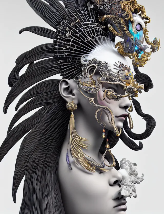 Image similar to 3 d goddess close - up profile simple portrait baroque queen with mohawk with ram skull. beautiful intricately detailed japanese crow kitsune mask and clasical japanese kimono. betta fish, jellyfish phoenix, bio luminescent, plasma, ice, water, wind, creature, artwork by tooth wu and wlop and beeple and greg rutkowski