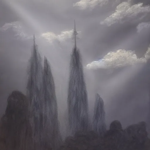 Prompt: a painting of many spindly towers reaching up into grey clouds, waterfalls made of grey ash fall from the clouds, god rays of blue light stream down, melancholy, fantastical