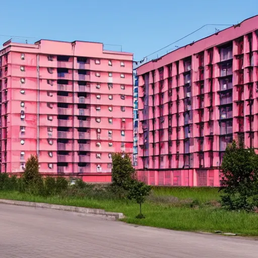Prompt: Photograph of a generic soviet communist residential block, sunny weather, color of the sky is vibrant pink