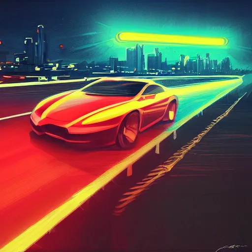 Image similar to a beautiful artwork of a car on a highway at night, neon vibes, by Jerome Opeña, featured on artstation