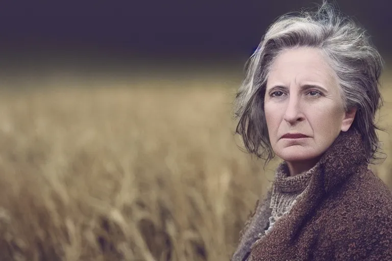 Image similar to a cinematic headshot portrait of a frozen middle aged woman stood in a field, field on fire, ultra realistic, depth, beautiful lighting, by annie leibovitz