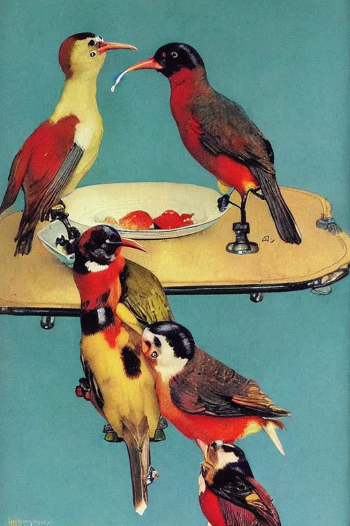 Prompt: colorful birds drinking cola by norman rockwell