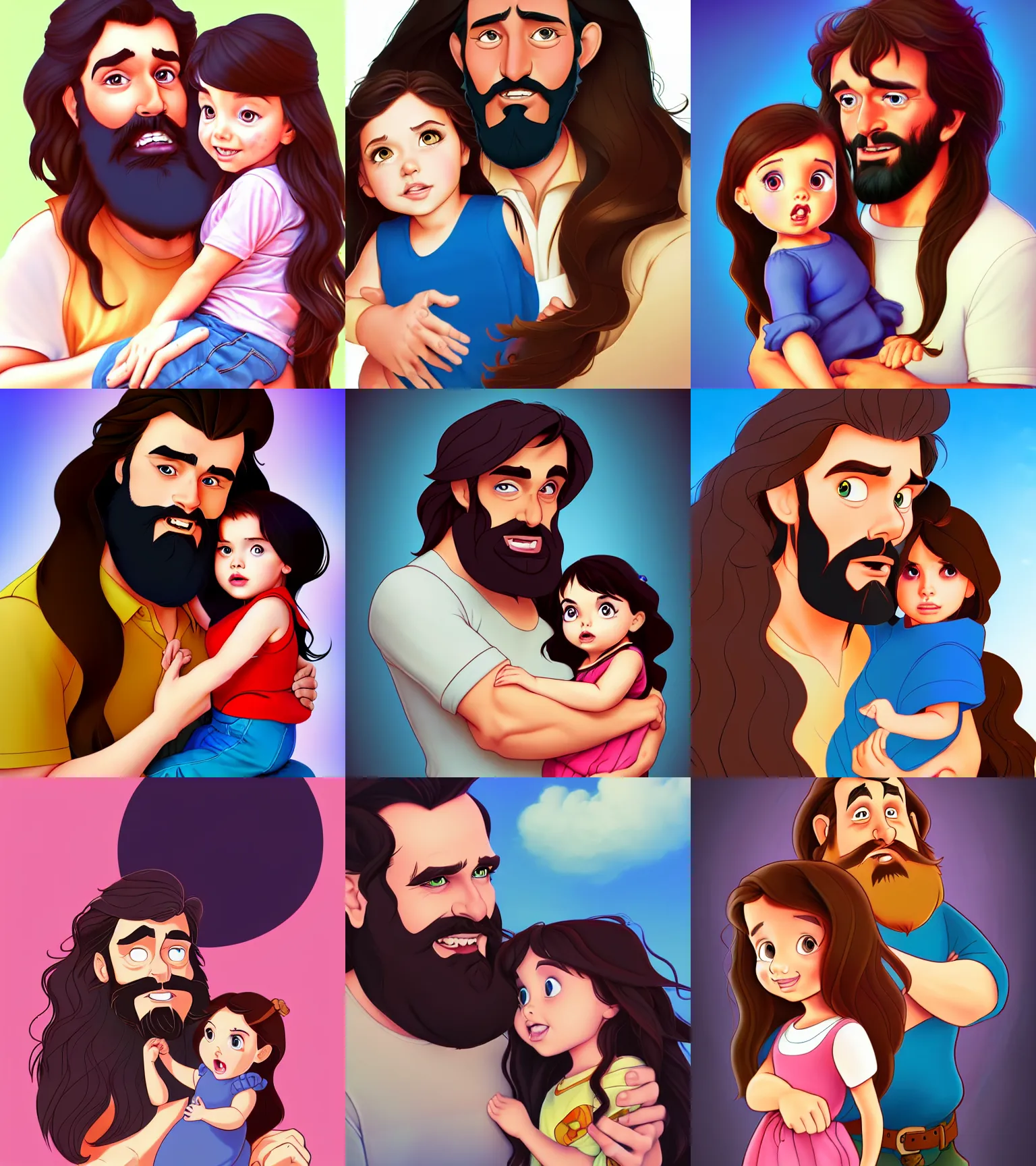 Image similar to a long - haired bearded father and his brunette child toddler girl full color digital illustration in the style of don bluth, artgerm, artstation trending, 4 k