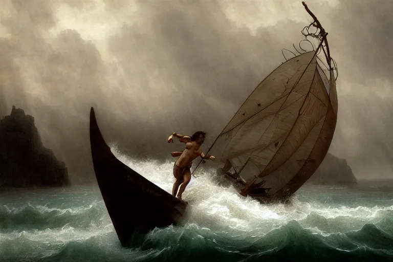 Image similar to ancient historically accurate depiction of Bible Character walking on water during a storm, a small fishing sailboat with scared sailors on board, dramatic lighting by frank miller, illustration by Ruan Jia and Mandy Jurgens and William-Adolphe Bouguereau, Artgerm, 4k, digital art, surreal, space dandy style, highly detailed, godsend, artstation, digital painting, concept art, smooth, sharp focus, illustration by Ruan Jia and Mandy Jurgens and William-Adolphe Bouguereau, Artgerm