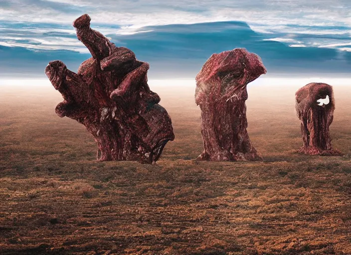 Image similar to giant interdimensional rock creatures enter the distant horizon, a vast landscape, awe inspiring, wide angle, cinematographic photo