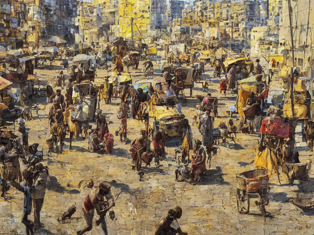Image similar to african city, heatwave, denis sarazhin, oil on canvas
