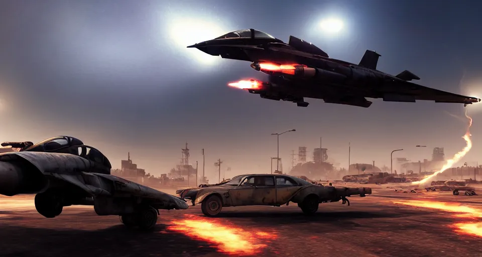 Image similar to macro closeup photo of combat tesla hover harrier jump jet tank being chased in a post apocalyptic fallout 4 city, 3 pm, smoke, dust, embers, mad max, action, speed, rocket league, volumetric lighting, hdr, need for speed, gta 5, ridley scott, syd mead, craig mullins, cinematic, blade runner, octane