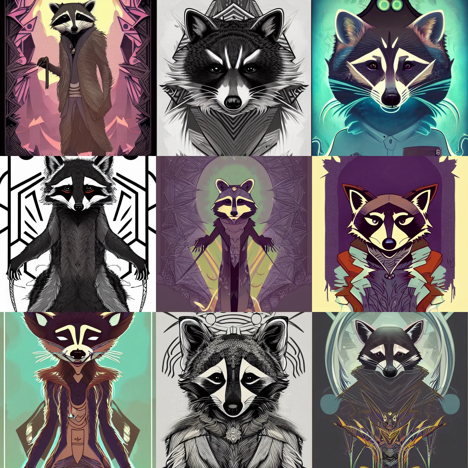 Image similar to an illustration of a raccoon elemental - wizard fantasy - character in the style of art - deco artwork art by kyle ferrin and loish!, digital art, highly detailed, intricate, sharp focus, trending on artstation hq, deviantart, 4 k uhd image