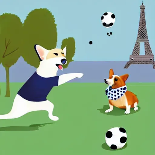 Image similar to illustration of french boy in paris playing football against a corgi who is wearing a polka dot scarf