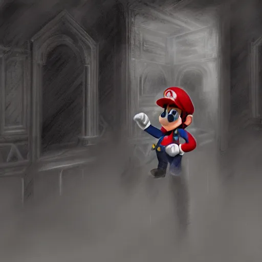 Image similar to concept art of mario from super mario bros lost in silent hill, resident evil, horror, occult, terror, mist, volumetric render, digital painting, detailed painting