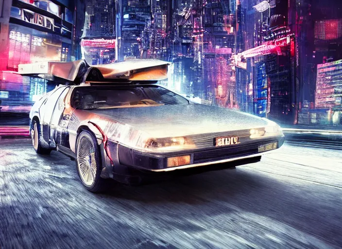 Image similar to a cyberpunk delorean breaking the space - time continuum, energy and time particles, dramatic framing, movie footage, 8 k