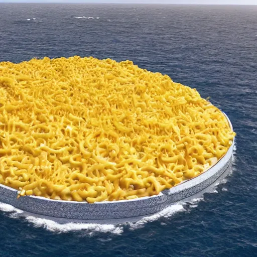 Prompt: On the flat earth, the oceans are prevented from falling off the edge by a giant wall made of macaroni and cheese. Photograph.