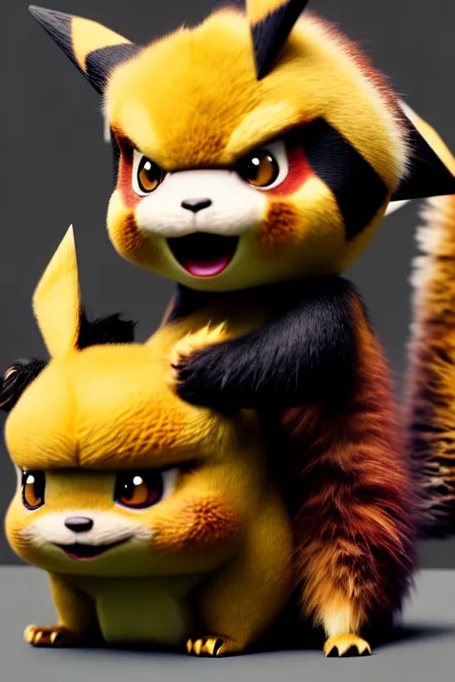 Prompt: high quality 3 d render hyperrealist very cute gothic grumpy dragon & red panda hybrid eating cheese, vray smooth, in the style of detective pikachu, very dramatic light, low angle, uhd 8 k, shallow depth or field