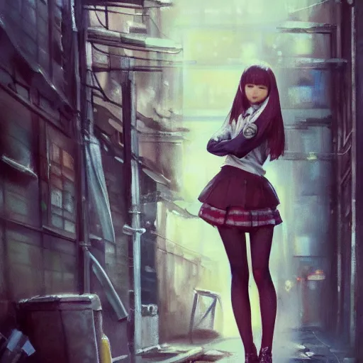 Prompt: a perfect, realistic professional oil painting of a Japanese schoolgirl posing in a dystopian alleyway, style of Marvel, full length, by a professional American senior artist on ArtStation, a high-quality hollywood-style concept