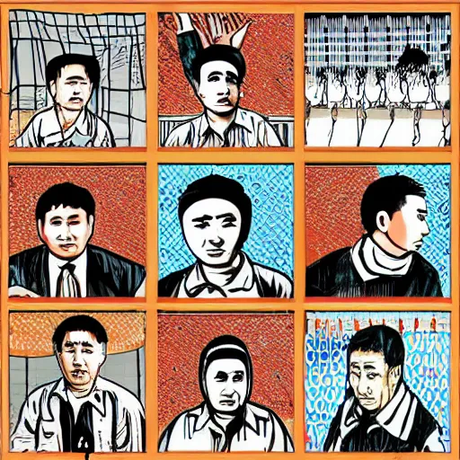 Image similar to uyghur Uighur in a prison behind bars, organ harvesting, in the style of daniel johnston and outsider art, 8k, line brush, overlaid with chinese adverts