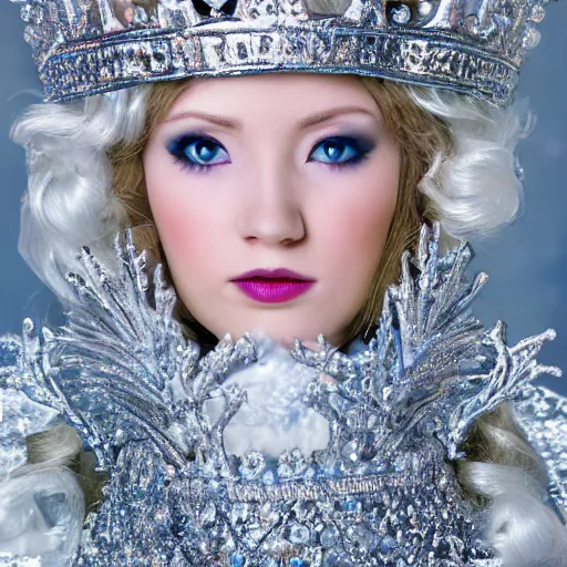 Image similar to beautiful ice queen with ornate cloak and crown, highly detailed, 4k, HDR, smooth, sharp focus, hyper realistic, high resolution, award-winning photo