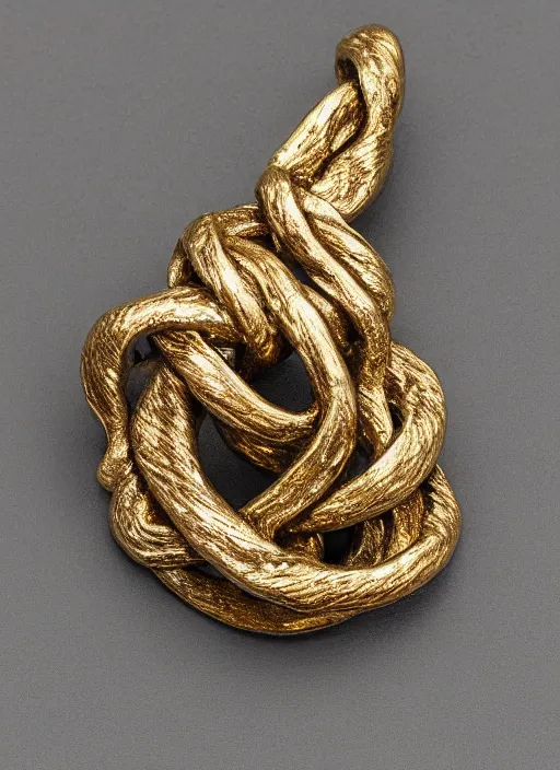 Prompt: bronze age Irish, detailed knot-work gold cloak pin of a dinosaur, studio lighting, museum