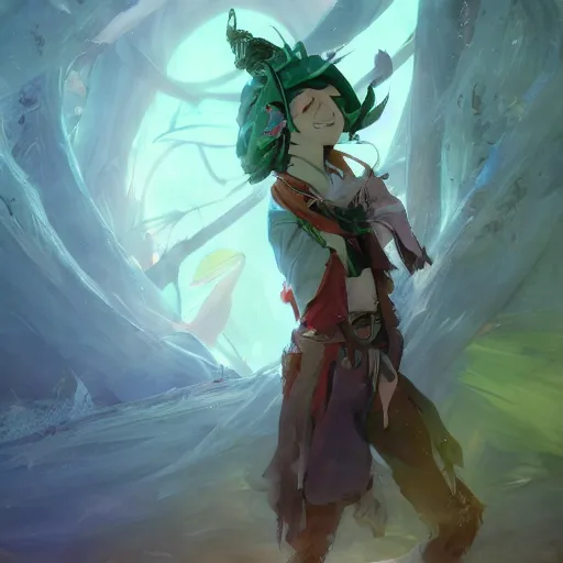 Image similar to a beautiful fullbody portrait of an anime boy with long straight green hair in a western fantasy bard style. character design by cory loftis, fenghua zhong, ryohei hase, ismail inceoglu and ruan jia. artstation, volumetric light, detailed, photorealistic, fantasy, rendered in octane