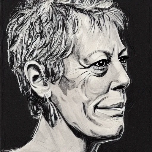 Image similar to a realistic yet scraggly portrait sketch of the side profile of a stern and sophisticated jamie lee curtis, trending on artstation, intricate details, in the style of frank auerbach, in the style of sergio aragones, in the style of martin ansin, in the style of david aja, in the style of mattias adolfsson