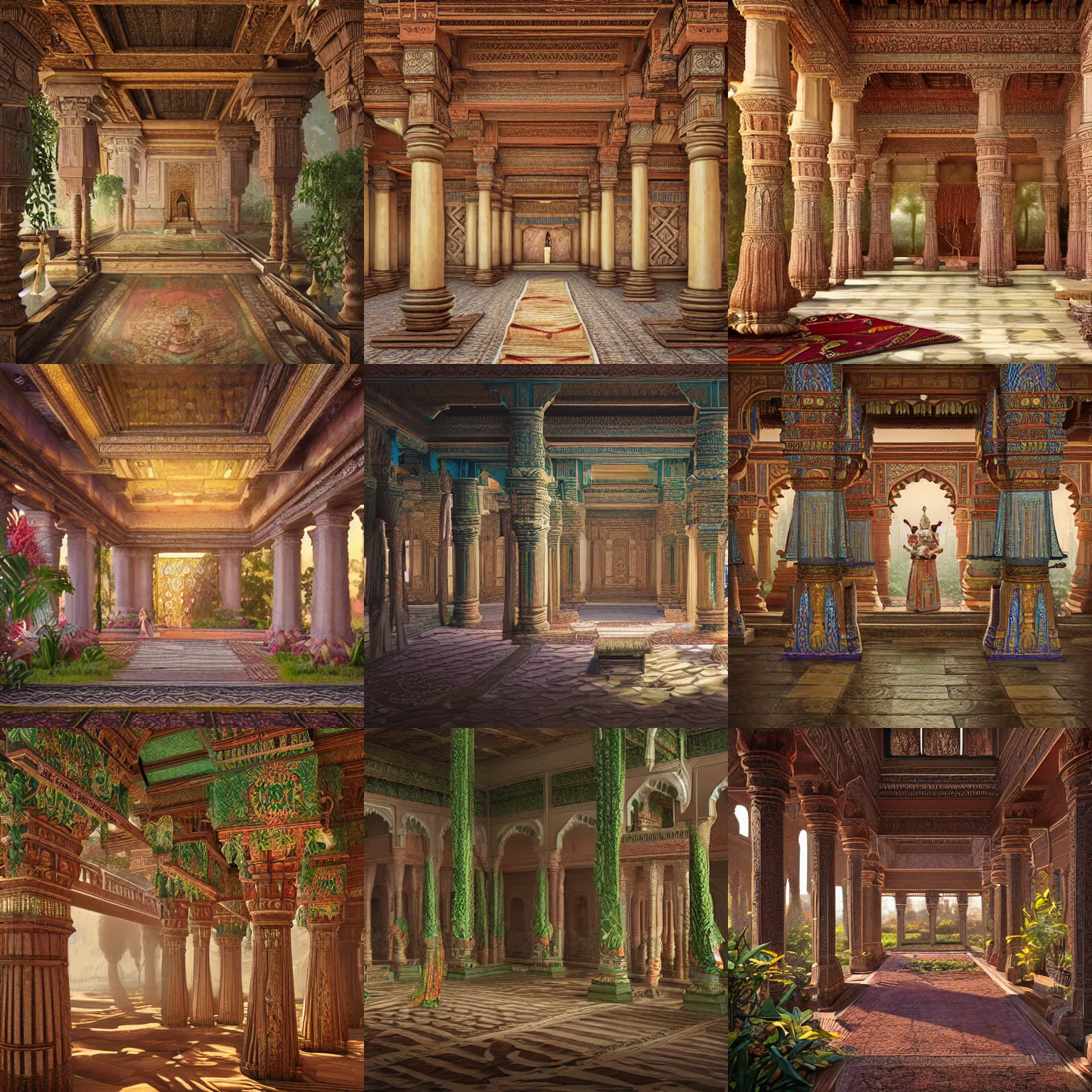 Prompt: stunning & visually striking highly detailed, hyperrealistic, intricate interior of an ancient indian palace, with tall beams, curtains, large paintings in frames, greenery around the pillars, exotic flower arrangement in style of Peter Mohrbacher, unreal engine, trending on artstation, octane render, 4K