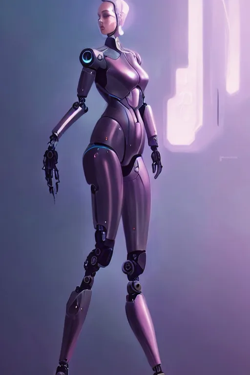 Image similar to pretty futuristic female cyber robot, humanoid, fullbody art, concept art, by charlie bowater, anna dittmann, wlop, rumiko takahashi, akihiko yoshida, hyung - tae kim, alexander mcqueen, trending on artstation