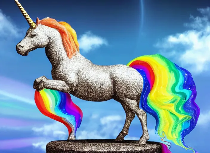 Prompt: a unicorn statue made out of diamonds. There is a rainbow in the background. Colorful, realistic digital art