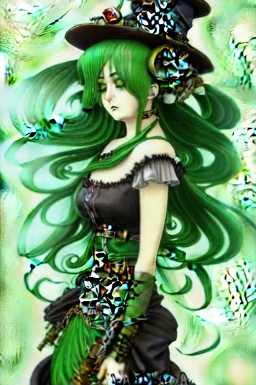 Image similar to beautiful green hair anime woman victorian dress, steampunk, fantasy, eerie, intricate details, pixiv, digital painting, artstation, concept art, 8 k, art by artgerm, loish and alohonse mucha and eiichiro oda