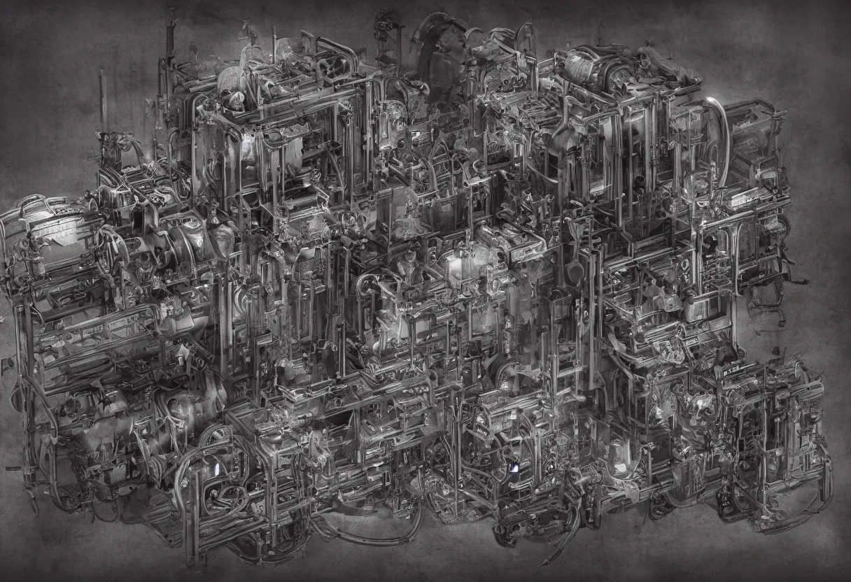 Prompt: blueprint of stemapunk soul grinding machine from necronomicon book written in blood, plenty annotations sumerian language, hyper realism, realistic, dramatic lighting, octane render, highly detailed, cinematic lighting, cinematic, art by olivier ledroit