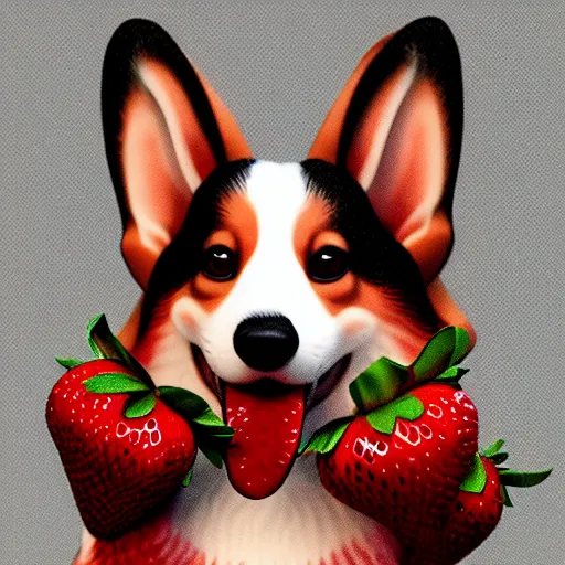 Image similar to corgi with strawberry skin, in strawberry jam : ornate, dynamic, particulate, intricate, elegant, highly detailed, centered, artstation, smooth, sharp focus, octane render