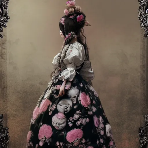 Image similar to 8 k, octane render, realism, tonalism, renaissance, rococo, baroque, portrait of a creepy young lady wearing long - harajuku manga - dress with flowers! and skulls, cotton candy