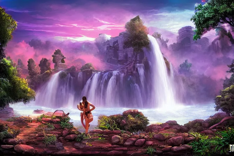 Image similar to ancient ruins and waterfalls, retrowave epic art, trending on art station