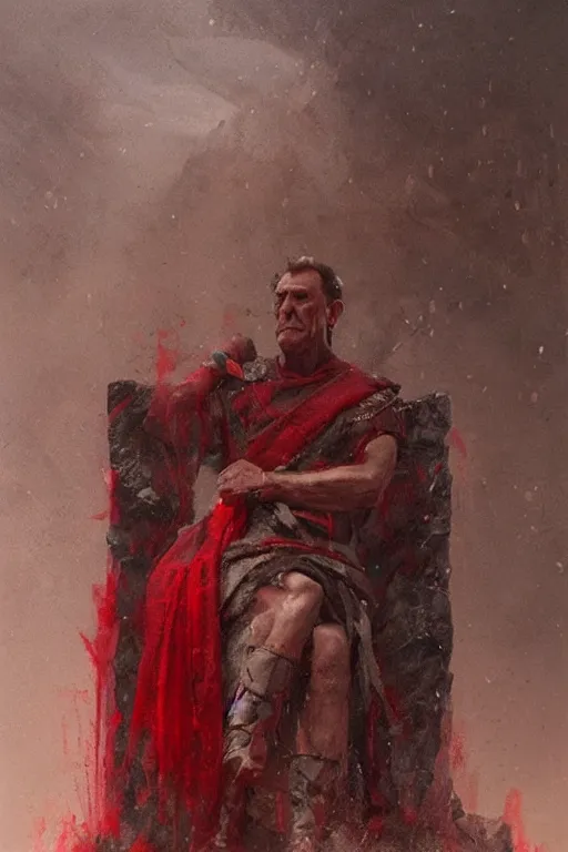 Image similar to the end is near. a tired julius caesar is sitting on his throne. face is highly detailed. splices of red are running down his toga. mist. color scheme red. low angle medium shot. imagined by jeremy lipking and greg rutkowski