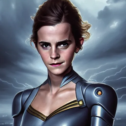 Image similar to a highly detailed matte portrait of emma watson dressed as seven of nine running through a thunderstorm, scifi by star trek, unreal engine, volumetric lighting, exquisite detail, 8 k, art by greg rutkowski and alphonse mucha