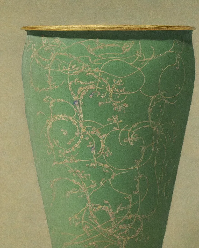 Image similar to achingly beautiful print of intricately painted ancient greek krater on a green pastel background by rene magritte, monet, and turner.