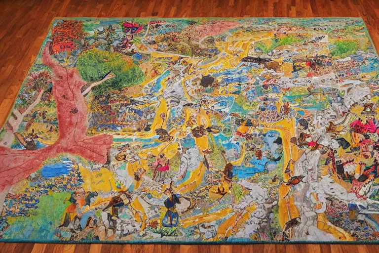 Image similar to an elaborate and dense painting of a kids road map carpet rug, detailed, made of alcohol ink on parchment and penned illustrations, by wes anderson and geoff darrow!!!!!