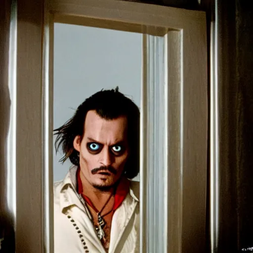 Prompt: Johnny Depp as Jack Torrance in Shining looking through the hole in the door,