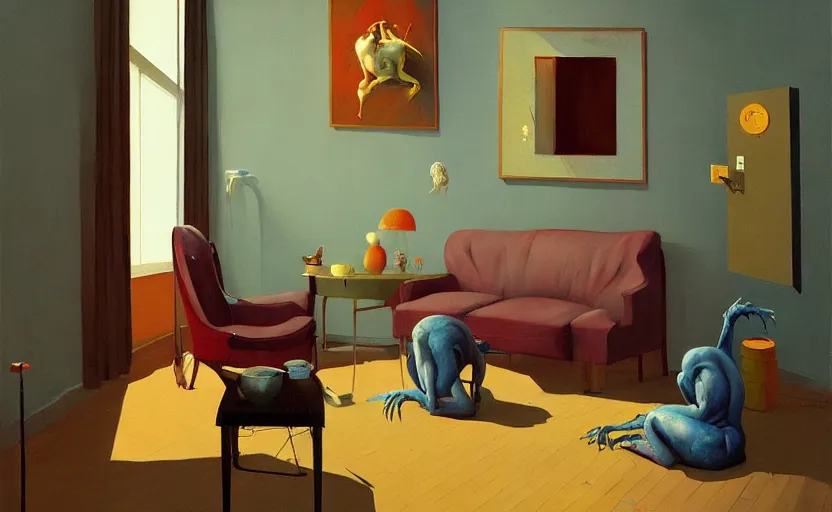 Image similar to Cozy apartment, very coherent, painted by Francis Bacon and Edward Hopper, Wayne Barlowe, painted by James Gilleard, surrealism, airbrush, art by JamesJean