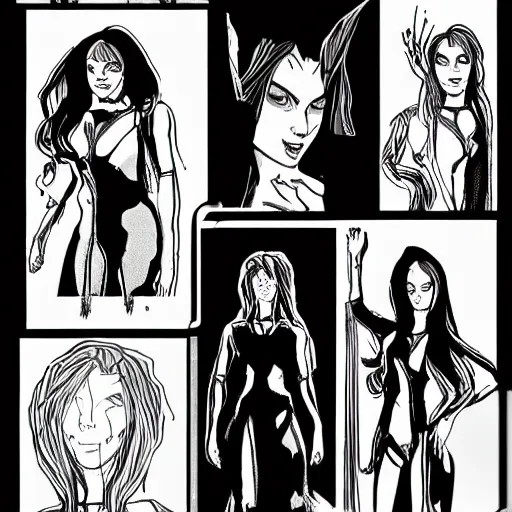 Prompt: character model sheet inspired by the Sandman Comic books, a character with long hair and dark clothing, black nails by MC Esther and Godmachine