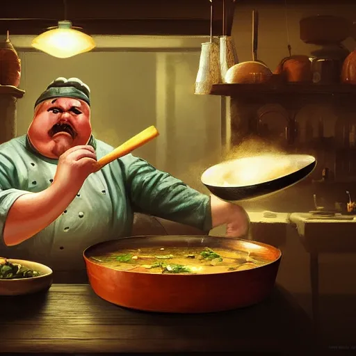 Prompt: A fat chef with a big mustache proundly making a soup, digital painting, artstation, concept art, Craig Mullins, Breathtaking, 8k resolution, extremely detailed, beautiful, establishing shot, artistic, hyperrealistic, octane render, cinematic lighting, dramatic lighting, masterpiece, light brazen, extremely detailed and beautiful face